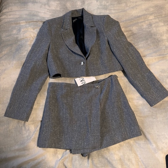 Zara Metallic Thread Cropped Blazer and Skirt Set - Picture 1 of 8